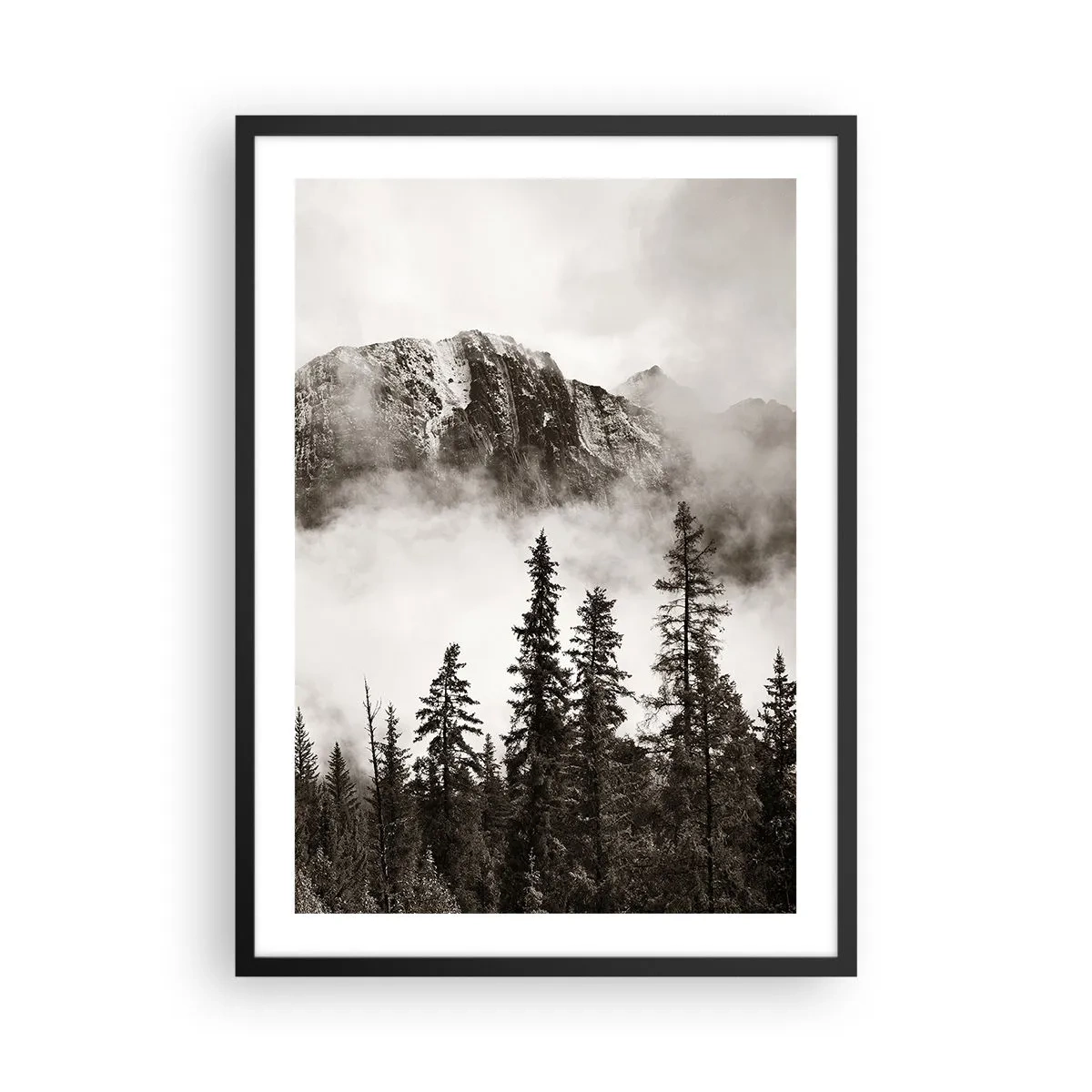 Pôster com moldura preta - Paisagem montanhosa com árvores e neblina - 50x70cm - O soberano de granito - Decoração de parede moderna para a sala de estar e quarto ARTTOR