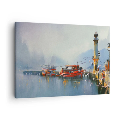 Quadro em tela - Um porto com barcos vermelhos cercados por uma paisagem enevoada - 70x50cm - No fim do mundo - Decoração de parede moderna para a sala de estar e quarto ARTTOR