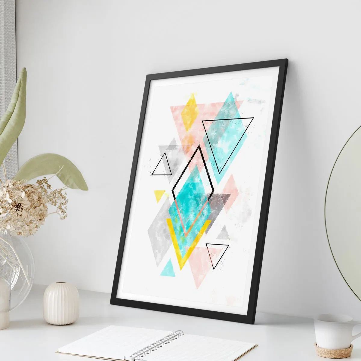 Pôster com moldura preta - Uma composição colorida de formas geométricas sobre um fundo branco - 50x70cm - Jogo geométrico - Decoração de parede moderna para a sala de estar e quarto ARTTOR