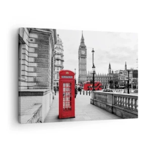 Quadro em tela - Uma cabine telefônica vermelha com o Big Ben ao fundo em Londres - 70x50cm - Sem dúvida, Londres - Decoração de parede moderna para a sala de estar e quarto ARTTOR