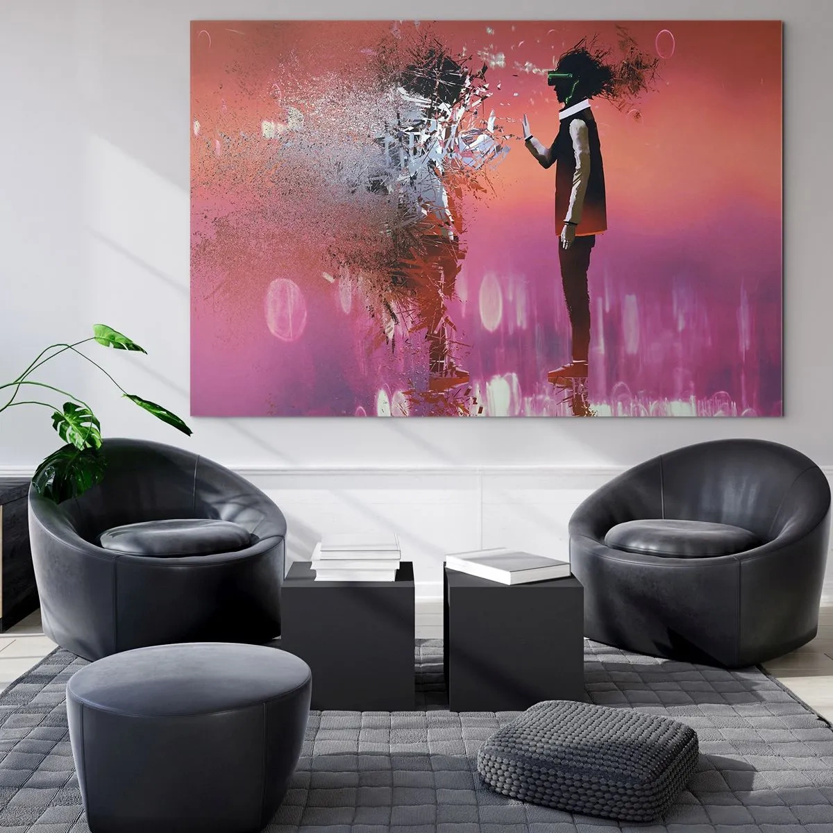 Quadro em vidro - Um personagem em realidade virtual com uma sombra dispersa - 70x50cm - É possível olhar para dentro de si mesmo? - Decoração de parede moderna para a sala de estar e quarto ARTTOR