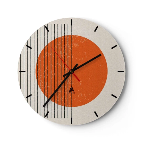 Relógio de parede - Relógio em vidro - Círculo laranja e linhas pretas em um fundo bege - 30x30cm - Sempre sol - Decoração de parede moderna para a sala de estar, cozinha e quarto ARTTOR