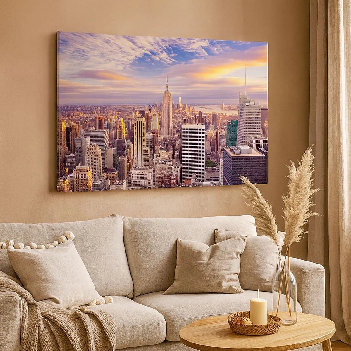 Quadro em tela - Panorama de uma cidade moderna com arranha-céus ao pôr do sol - 70x50cm - Alcançar as nuvens - Decoração de parede moderna para a sala de estar e quarto ARTTOR