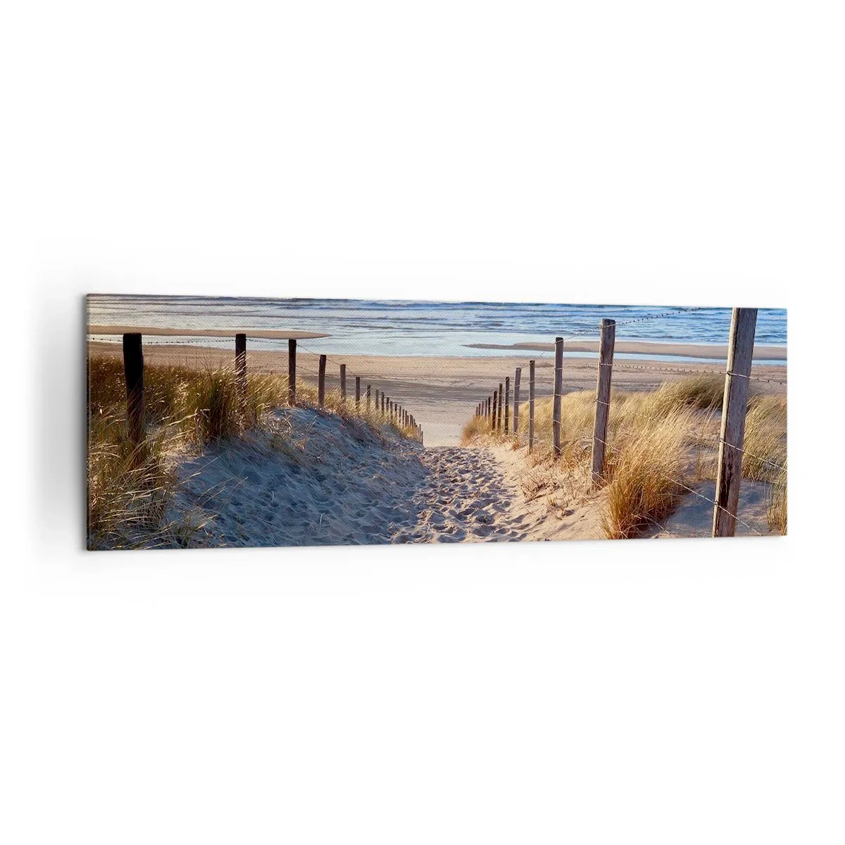 Quadro em tela - O som do mar, o canto dos pássaros, a praia selvagem entre a relva... - 160x50 cm