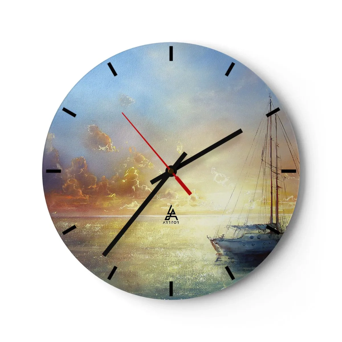 Relógio de parede - Relógio em vidro - Um veleiro no mar durante o pôr do sol - 30x30cm - Na baía dourada - Decoração de parede moderna para a sala de estar, cozinha e quarto ARTTOR