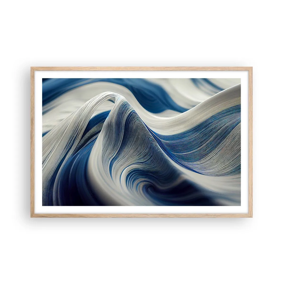 Pôster com moldura de carvalho claro - A fluidez do azul e do branco - 91x61 cm