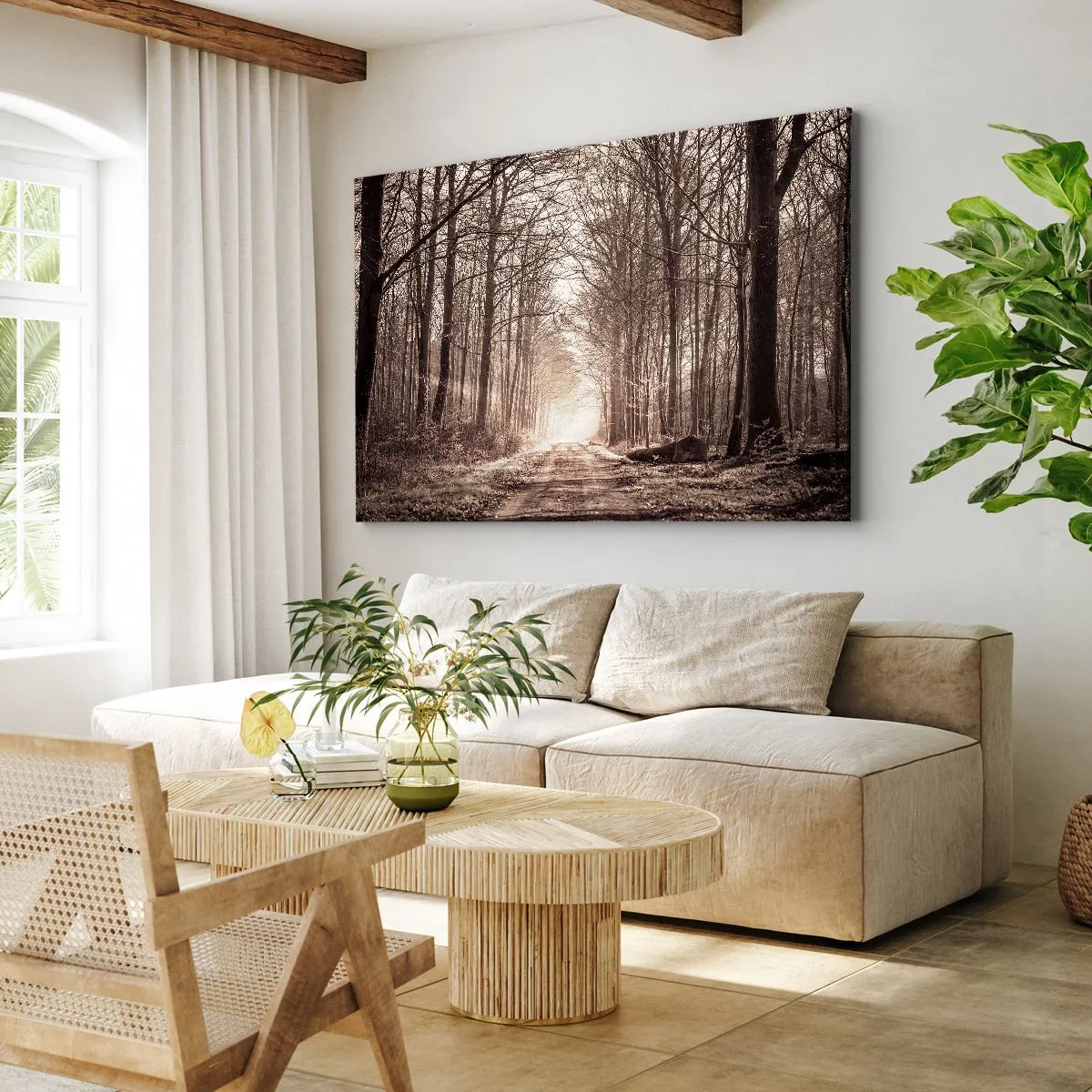 Quadro em tela - Um caminho na floresta entre árvores em tons de sépia - 70x50cm - Catedral na Floresta - Decoração de parede moderna para a sala de estar e quarto ARTTOR