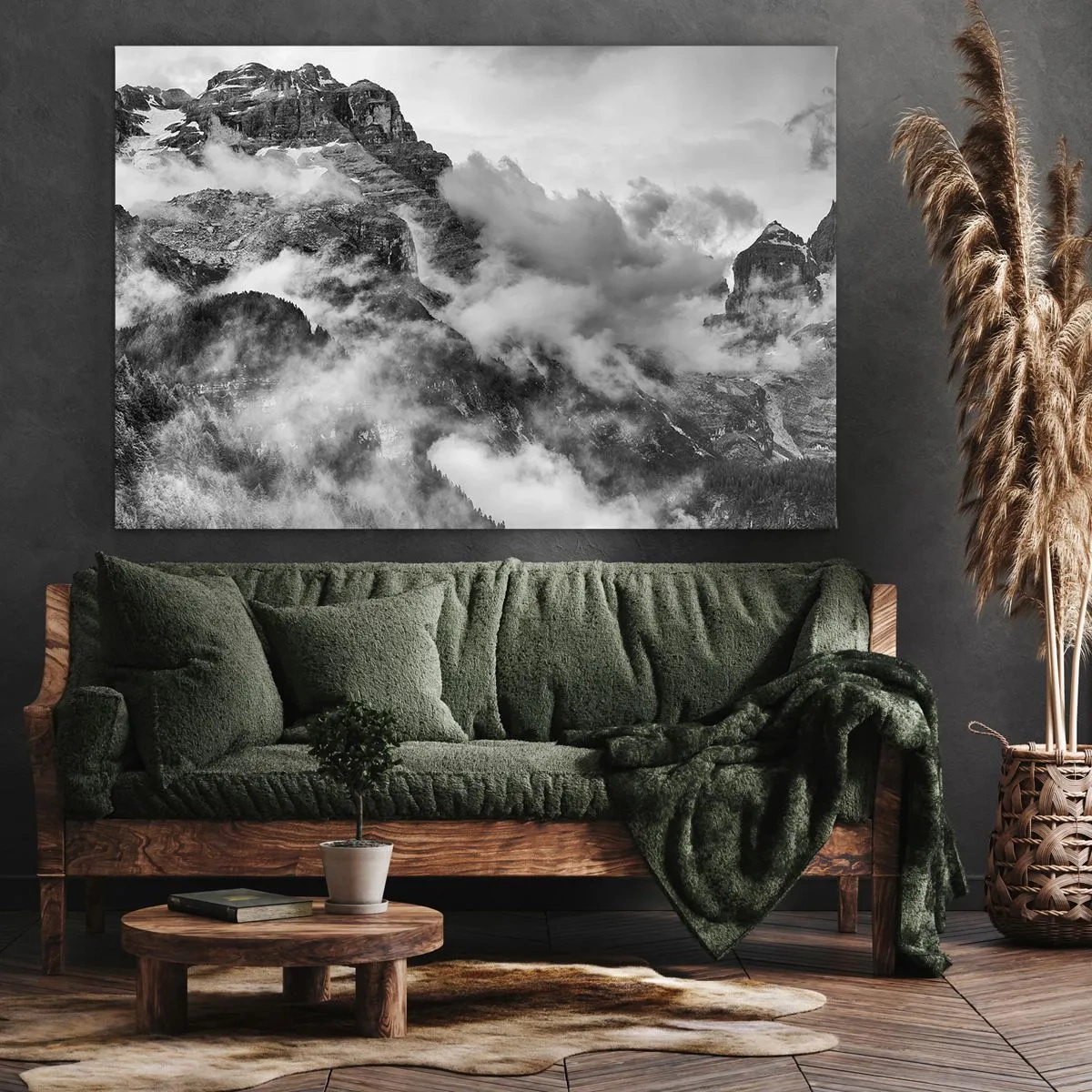 Quadro em tela - Vista em preto e branco de montanhas cercadas por nuvens - 70x50cm - Bonitas e cruéis - Decoração de parede moderna para a sala de estar e quarto ARTTOR
