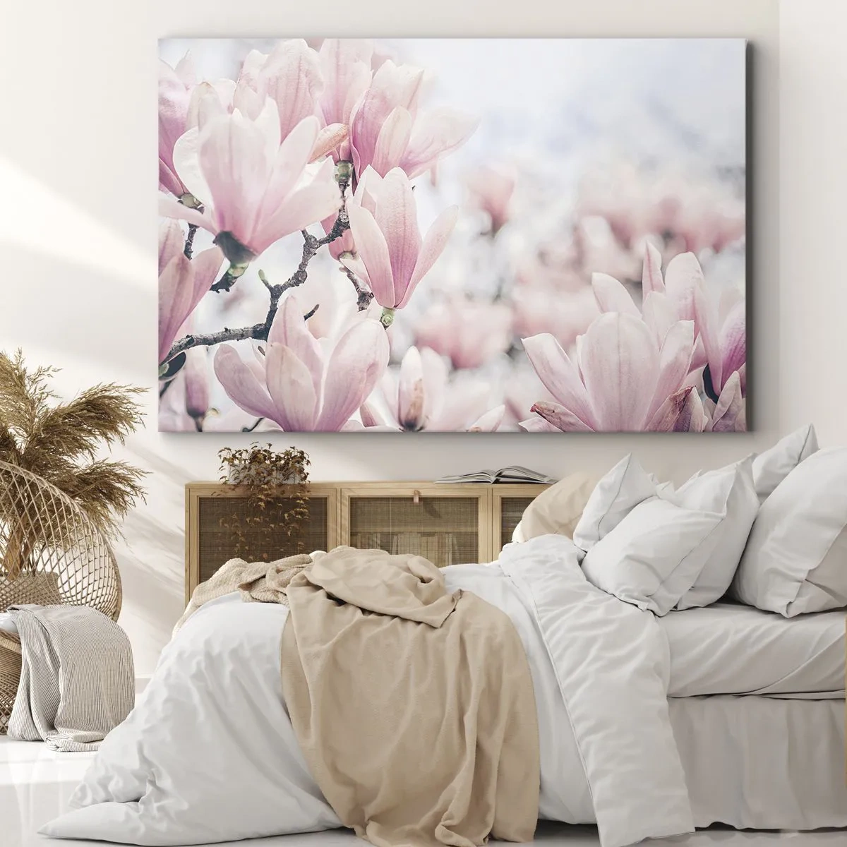 Quadro em tela - Flores sutis de magnólia em delicados tons de rosa - 70x50cm - O ideal da subtileza - Decoração de parede moderna para a sala de estar e quarto ARTTOR