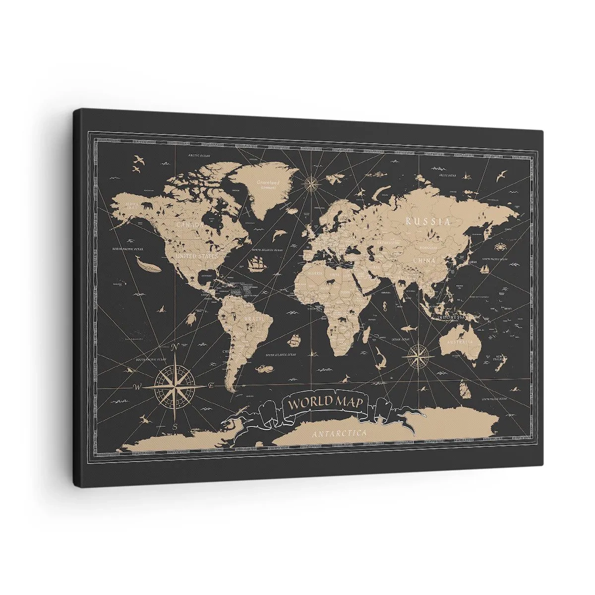 Quadro em tela - Um mapa-múndi estilizado em um fundo preto com detalhes em bege. - 70x50cm - Os limites do meu mundo - Decoração de parede moderna para a sala de estar e quarto ARTTOR
