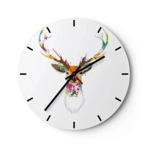 Relógio de parede - Relógio em vidro - Cabeça de veado artística repleta de detalhes coloridos - 30x30cm - Um cervo gentil banhado em cores - Decoração de parede moderna para a sala de estar, cozinha e quarto ARTTOR