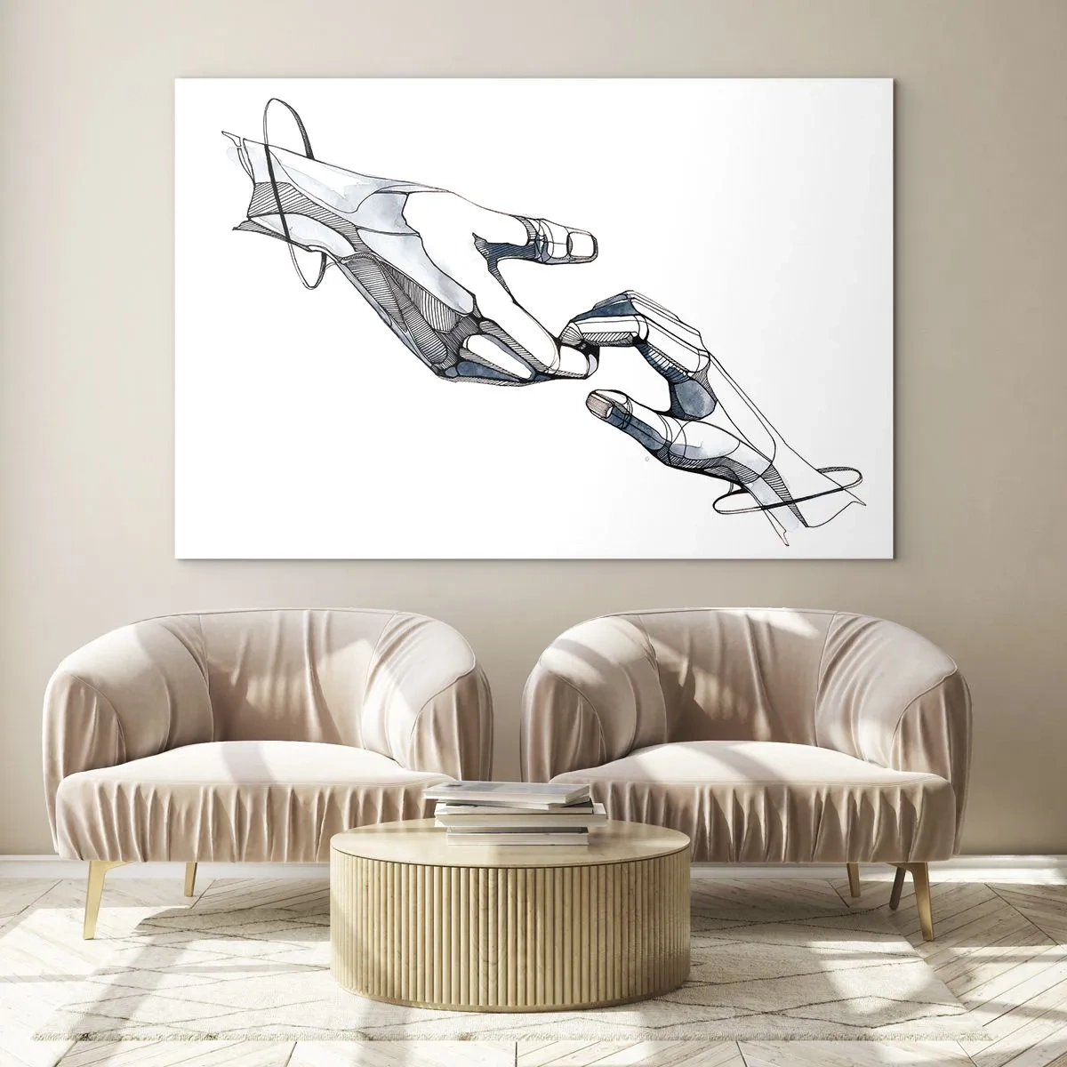 Quadro em vidro - Ilustração artística de duas mãos em estilo abstrato - 70x50cm - Um bom gesto - Decoração de parede moderna para a sala de estar e quarto ARTTOR