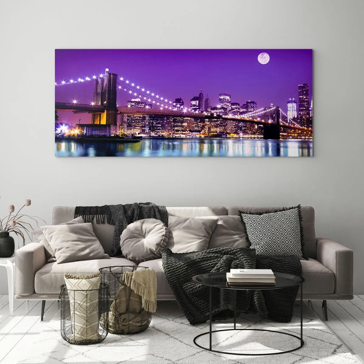 Quadro em vidro - Luzes de uma grande cidade em roxo - 160x50 cm