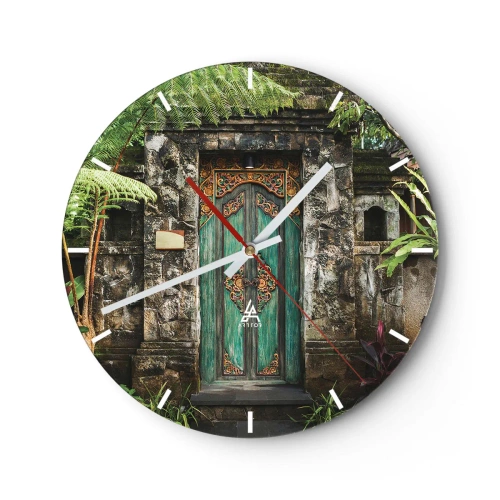 Relógio de parede - Relógio em vidro - Uma porta verde ornamentada em uma parede de pedra cercada por vegetação - 30x30cm - Portas para um mundo exótico - Decoração de parede moderna para a sala de estar, cozinha e quarto ARTTOR