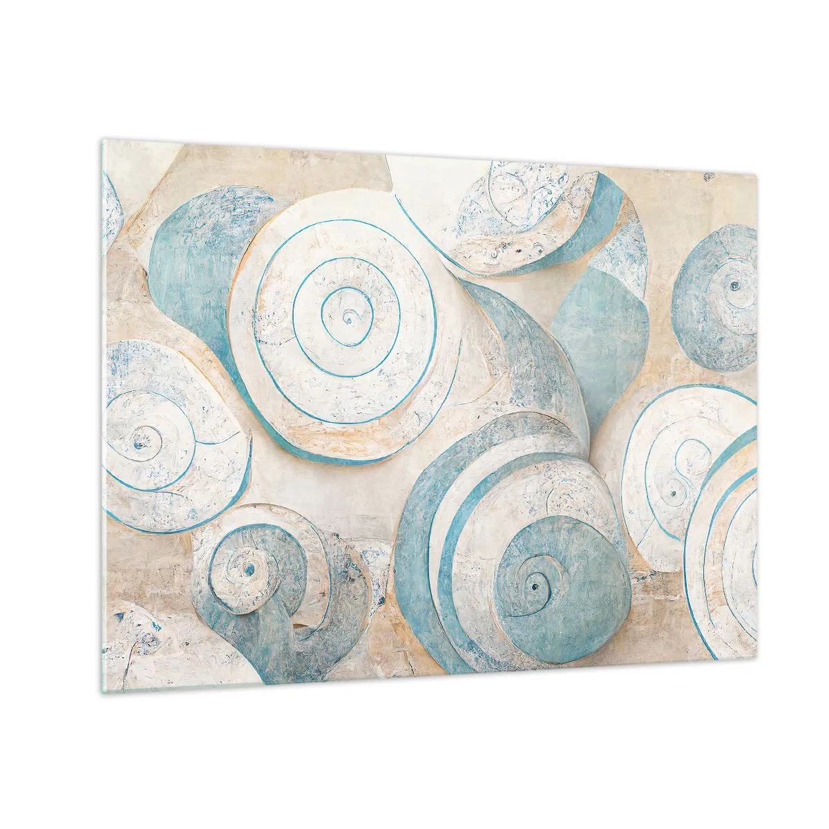 Quadro em vidro - Conchas em uma paleta azul e bege em um fundo estruturado - 70x50cm - O que há dentro da casca? - Decoração de parede moderna para a sala de estar e quarto ARTTOR