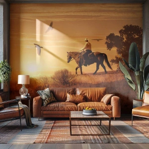 Papel de Parede Standard Eco - Cowboy a cavalo sob a luz do pôr do sol - 100x70cm - Sozinho em toda a pradaria - Decoração de parede moderna para a sala de estar e quarto ARTTOR
