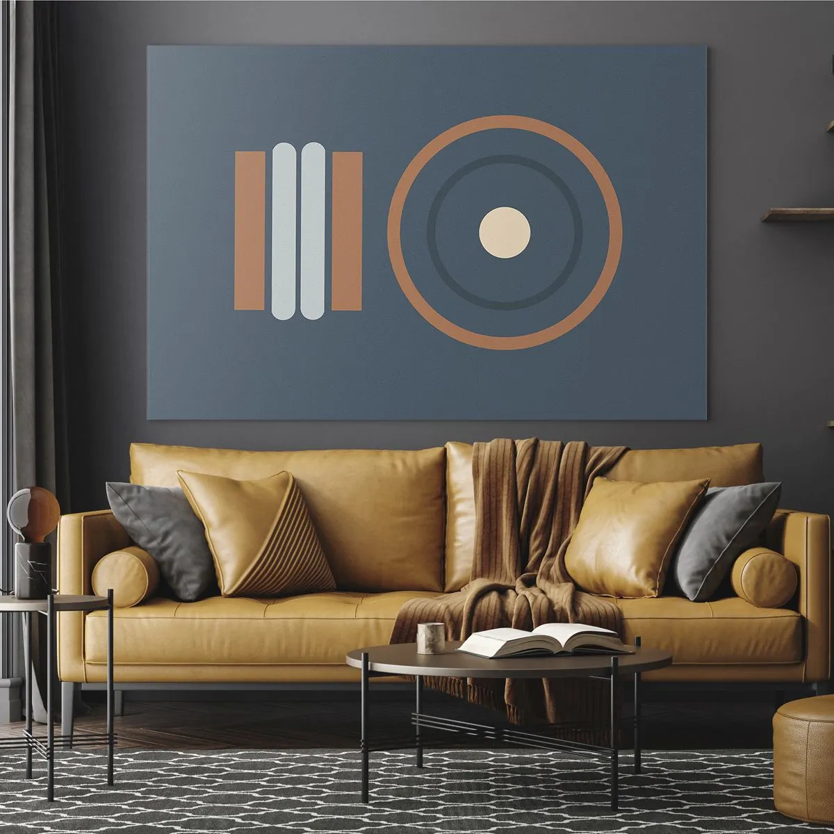 Quadro em vidro - Formas geométricas abstratas em cores suaves, com círculos e linhas - 70x50cm - A essência da questão - Decoração de parede moderna para a sala de estar e quarto ARTTOR