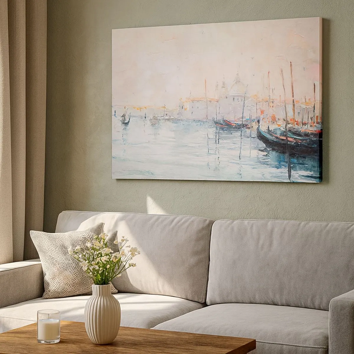 Quadro em tela - Vista pitoresca dos canais com barcos em tons pastéis - 70x50cm - Além da água, atrás do nevoeiro - Decoração de parede moderna para a sala de estar e quarto ARTTOR