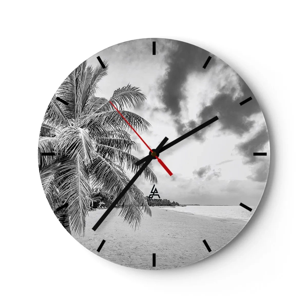 Relógio de parede - Relógio em vidro - Praia com palmeiras em preto e branco - 30x30cm - Quando anseia por solidão... - Decoração de parede moderna para a sala de estar, cozinha e quarto ARTTOR