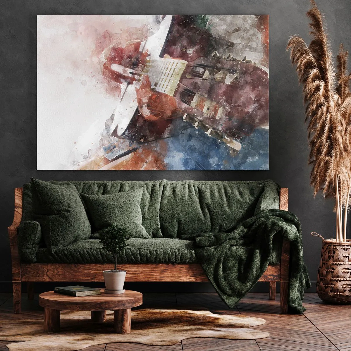 Quadro em tela - Uma abordagem artística de uma guitarra em estilo aquarela - 70x50cm - E o que acha? - Decoração de parede moderna para a sala de estar e quarto ARTTOR