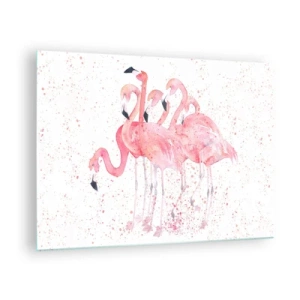 Quadro em vidro - Flamingos em aquarela sobre fundo claro com manchas delicadas - 70x50cm - Conjunto cor-de-rosa - Decoração de parede moderna para a sala de estar e quarto ARTTOR