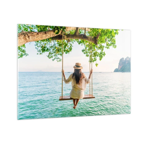Quadro em vidro - Mulher em um balanço à beira-mar em um ambiente tropical - 70x50cm - A vida é bela - Decoração de parede moderna para a sala de estar e quarto ARTTOR