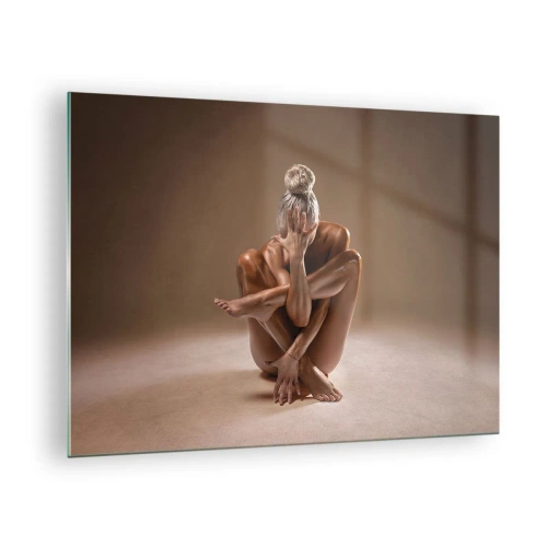 Quadro em vidro - Uma mulher sensual em uma pose artística contra um fundo de sombra. - 70x50cm - Unidade de corpo e alma - Decoração de parede moderna para a sala de estar e quarto ARTTOR