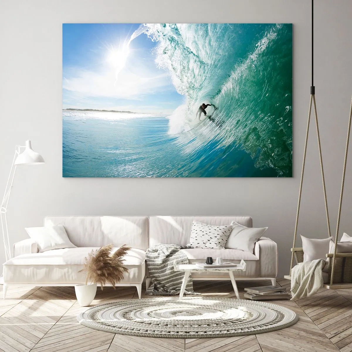Quadro em vidro - Um surfista pegando uma onda contra um céu azul - 70x50cm - Na crista da onda - Decoração de parede moderna para a sala de estar e quarto ARTTOR
