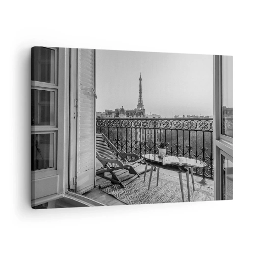 Quadro em tela - Vista da Torre Eiffel da varanda com espreguiçadeiras e uma mesa - 70x50cm - Tarde de Paris - Decoração de parede moderna para a sala de estar e quarto ARTTOR