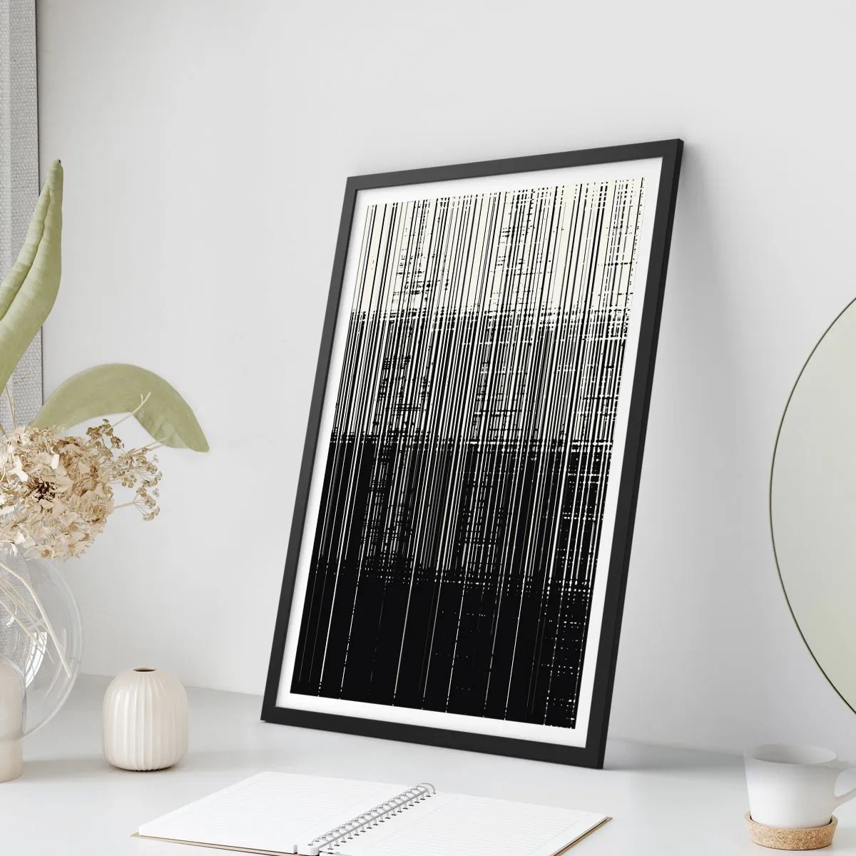 Pôster com moldura preta - Composição abstrata de linhas pretas em um fundo branco - 50x70cm - Ondas e vibrações - Decoração de parede moderna para a sala de estar e quarto ARTTOR