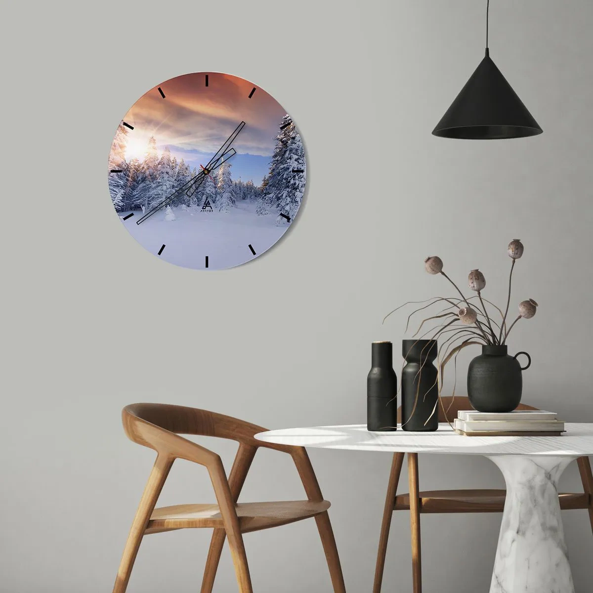 Relógio de parede - Relógio em vidro - Paisagem de inverno com árvores cobertas de neve e o pôr do sol - 30x30cm - Espetáculo de neve da natureza - Decoração de parede moderna para a sala de estar, cozinha e quarto ARTTOR