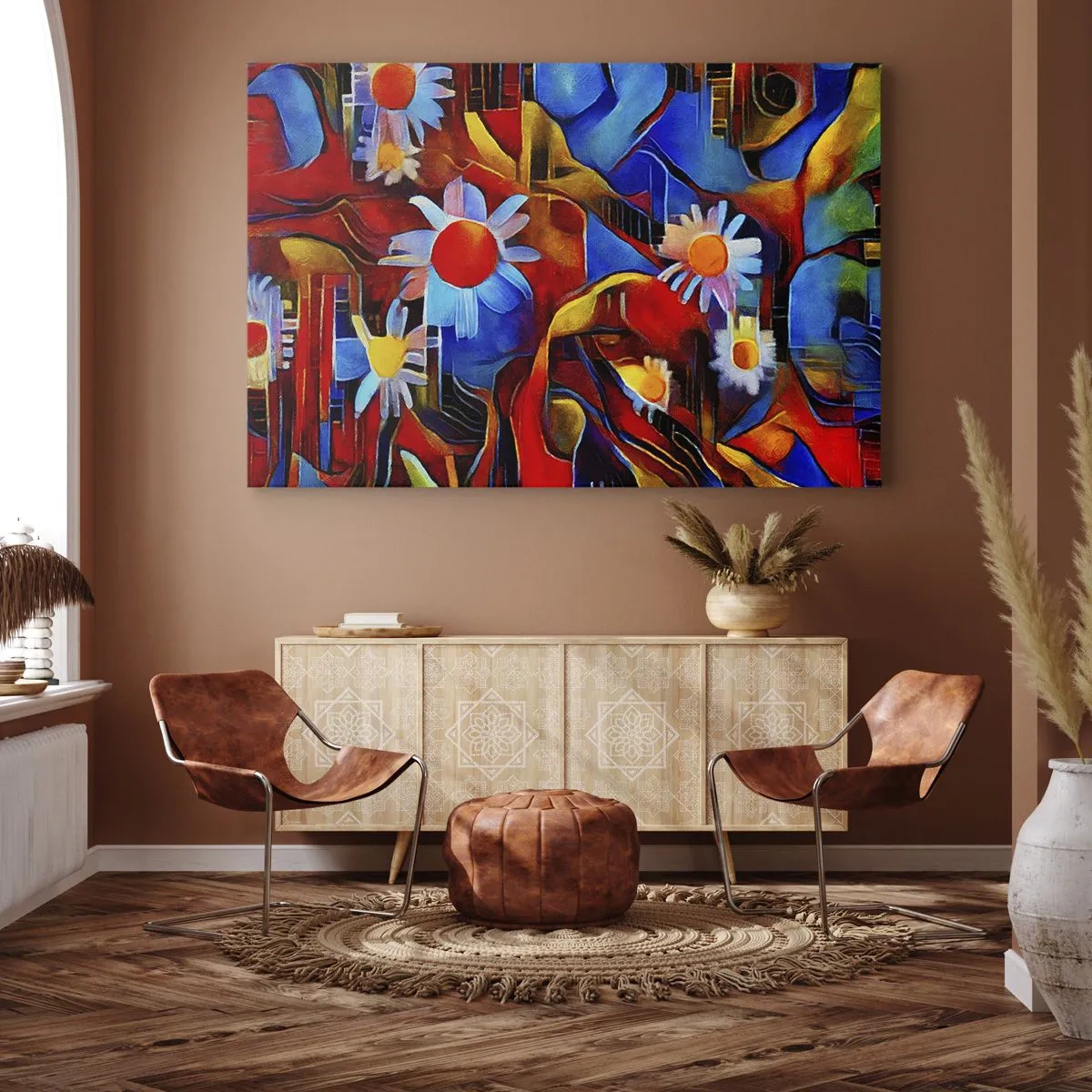 Quadro em tela - Flores abstratas sobre um fundo de padrões geométricos - 70x50cm - Cores da vida - Decoração de parede moderna para a sala de estar e quarto ARTTOR