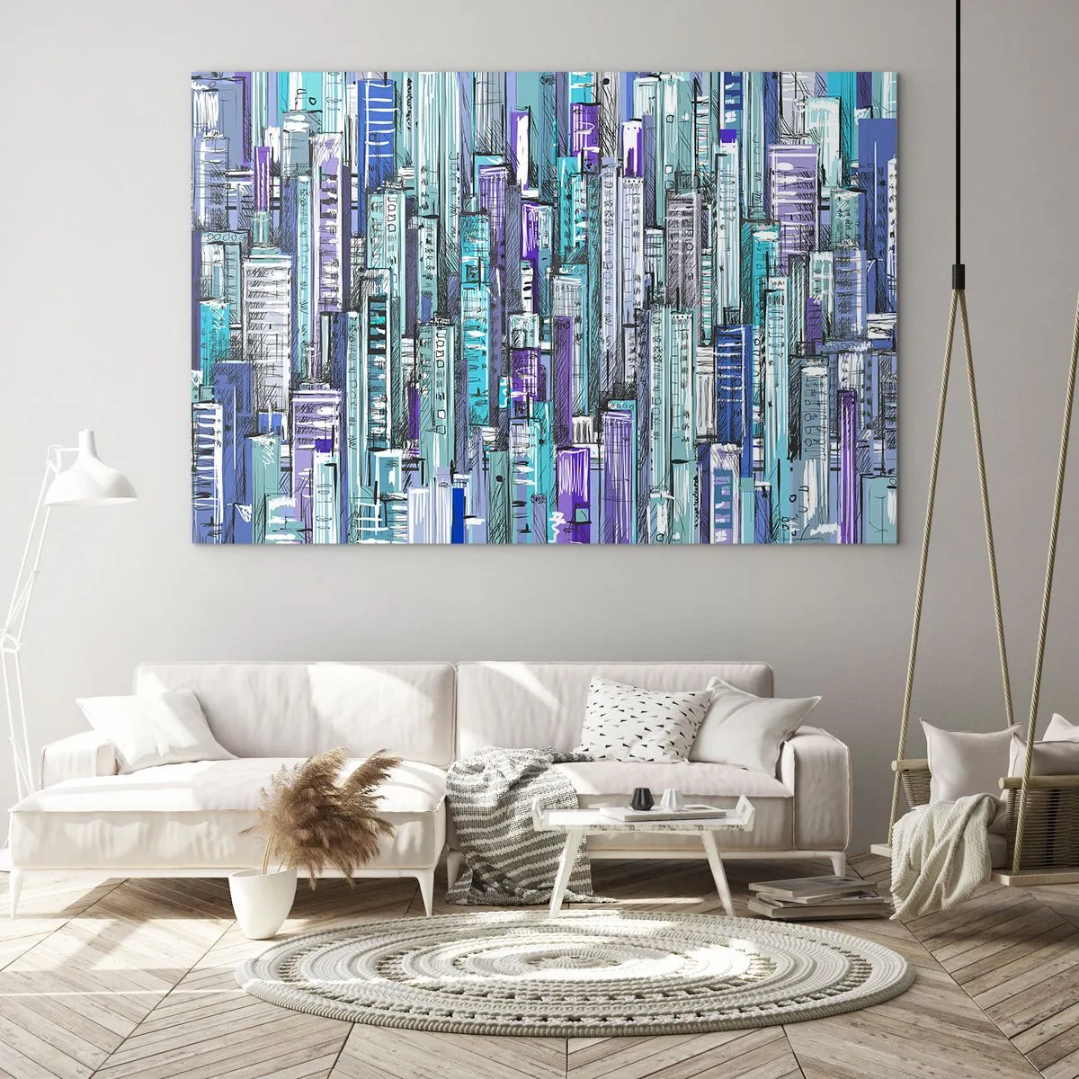 Quadro em vidro - Ilustração de uma cidade cheia de arranha-céus em tons frios - 70x50cm - Azul do céu - Decoração de parede moderna para a sala de estar e quarto ARTTOR