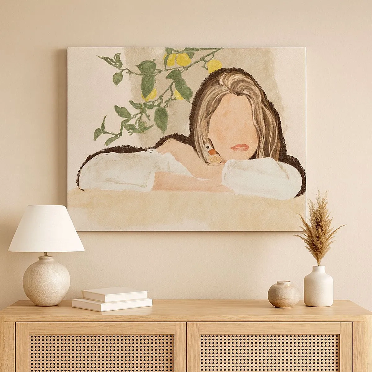 Quadro em tela - A figura de uma mulher contra o fundo de um limoeiro - 70x50cm - Beleza do sul - Decoração de parede moderna para a sala de estar e quarto ARTTOR