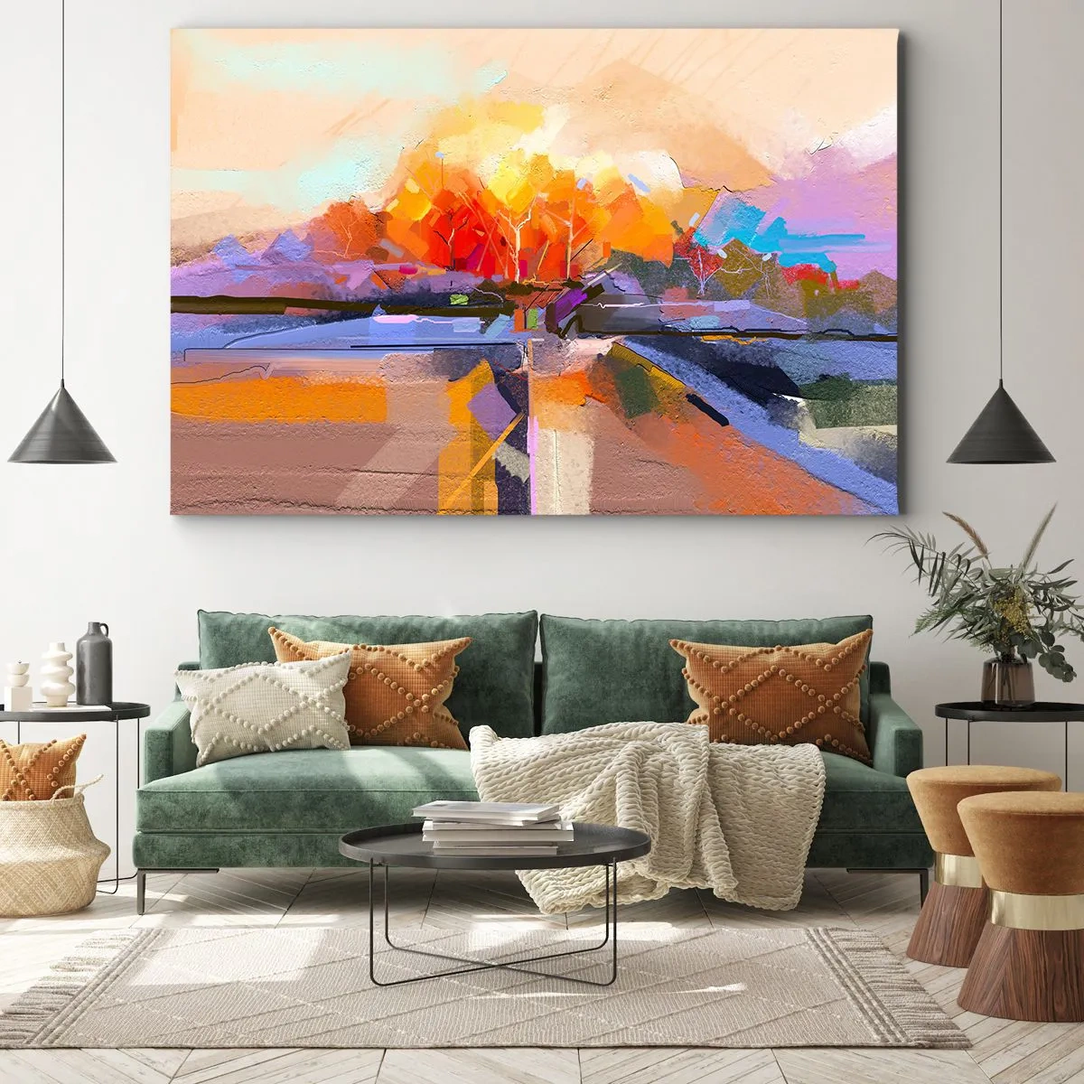 Quadro em tela - Uma paisagem abstrata com cores intensas de outono. - 70x50cm - O outono chegou - Decoração de parede moderna para a sala de estar e quarto ARTTOR