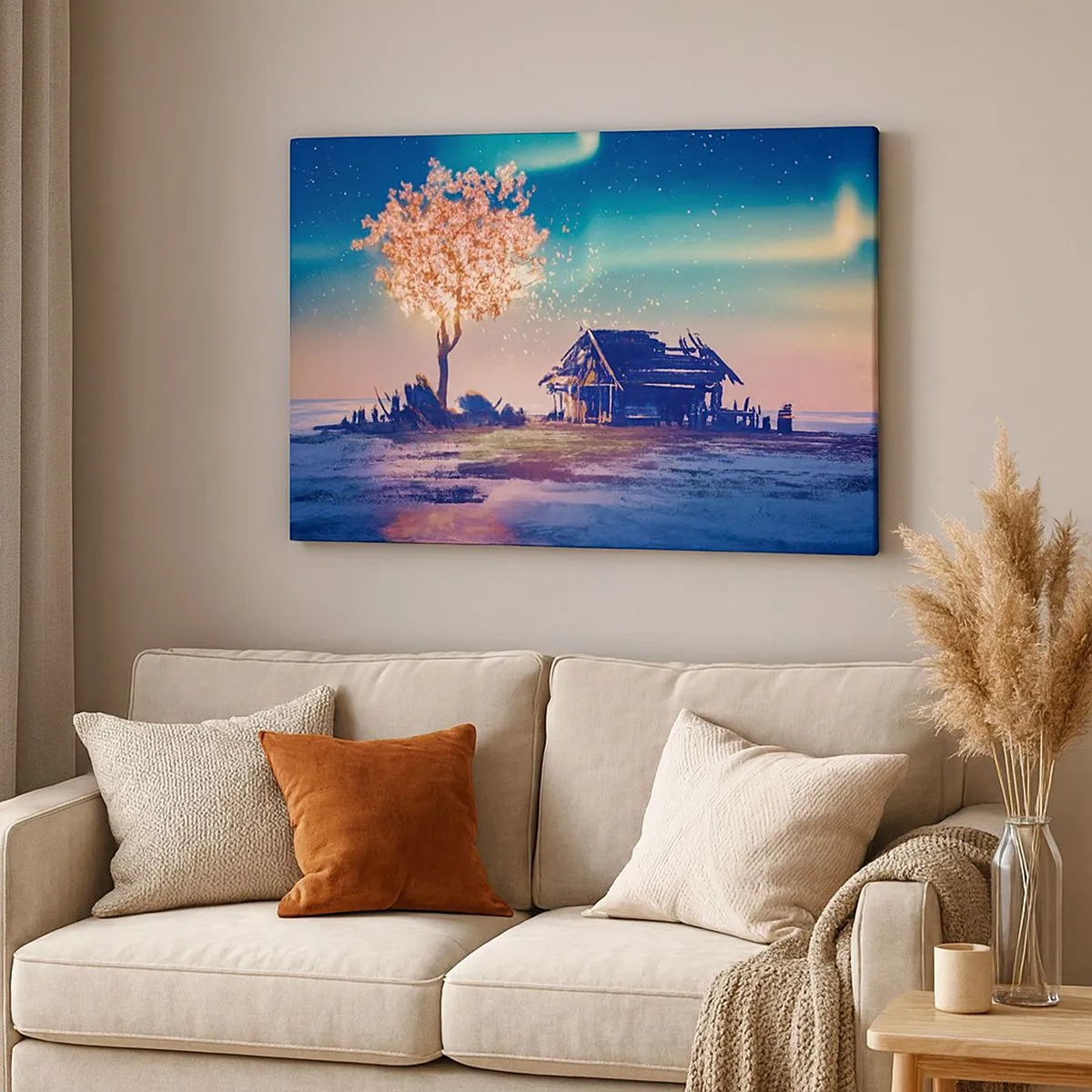 Quadro em tela - Uma casa e uma árvore florida sob o céu noturno - 70x50cm - A natureza não passa - Decoração de parede moderna para a sala de estar e quarto ARTTOR