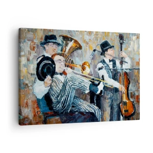 Quadro em tela - Músicos de jazz em estilo pictórico durante um concerto - 70x50cm - Todo aquele jazz - Decoração de parede moderna para a sala de estar e quarto ARTTOR