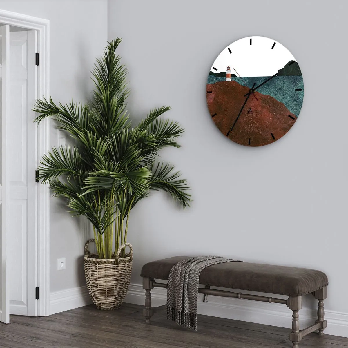 Relógio de parede - Relógio em vidro - Um farol em uma colina perto de uma costa tranquila - 30x30cm - Olhando para o mar - Decoração de parede moderna para a sala de estar, cozinha e quarto ARTTOR