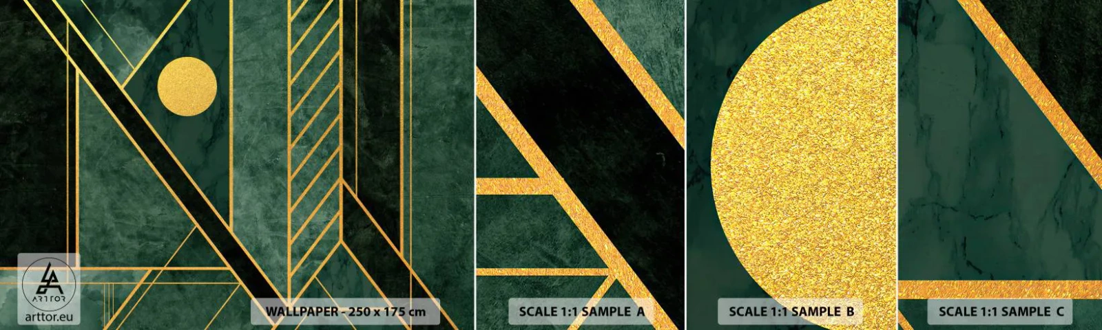 Amostra de papel de parede autocolante Deluxe Sticker - A dinâmica do ouro e do azul - Abstração, Pedaço, Padrão Geométrico - 100x30 cm