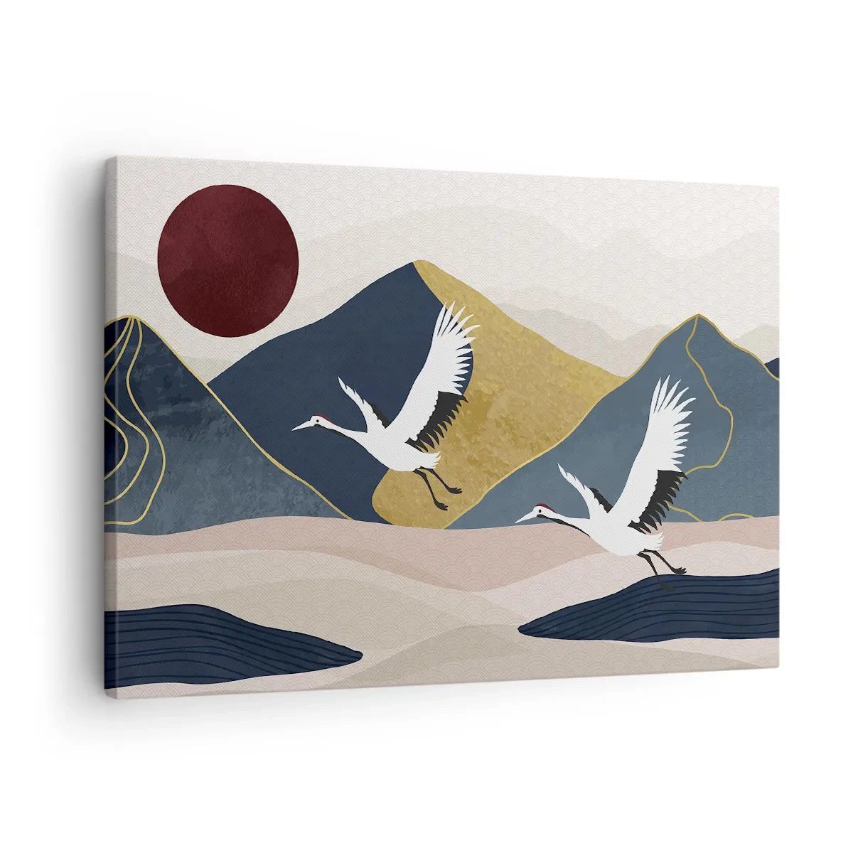Quadro em tela - Guindastes em voo contra o pano de fundo de montanhas e um sol vermelho - 70x50cm - E o dia acaba novamente - Decoração de parede moderna para a sala de estar e quarto ARTTOR