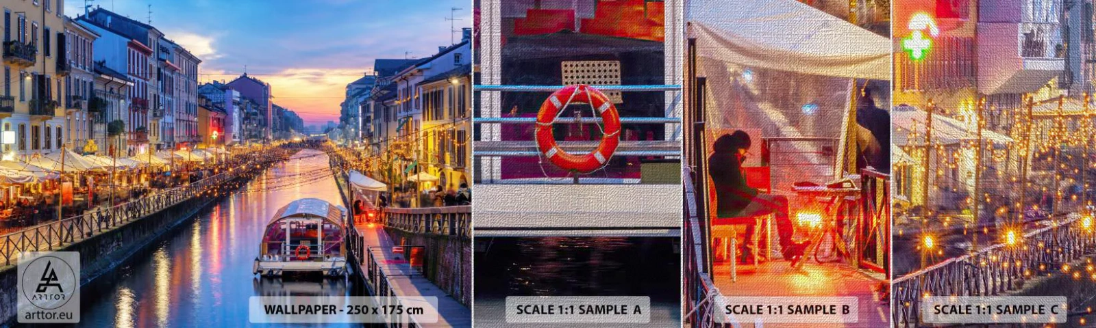 Amostra de papel de parede Premium Canvas - Uma noite de luz e diversão - Cidade, Milão, Itália - 100x30 cm