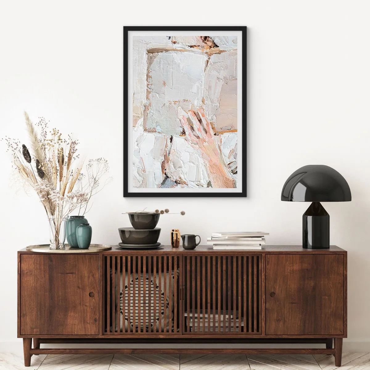 Pôster com moldura preta - Uma imagem texturizada de uma mão segurando um livro aberto. - 50x70cm - Em outro mundo - Decoração de parede moderna para a sala de estar e quarto ARTTOR