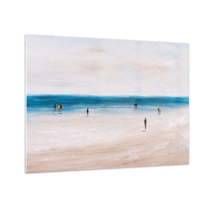 Quadro em vidro - Uma praia tranquila com silhuetas de pessoas caminhando ao longo da linha do mar - 70x50cm - Uma necessidade natural - Decoração de parede moderna para a sala de estar e quarto ARTTOR