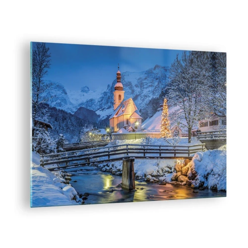 Quadro em vidro - Paisagem de Natal em um cenário de inverno - 70x50cm - O Espírito do Natal - Decoração de parede moderna para a sala de estar e quarto ARTTOR