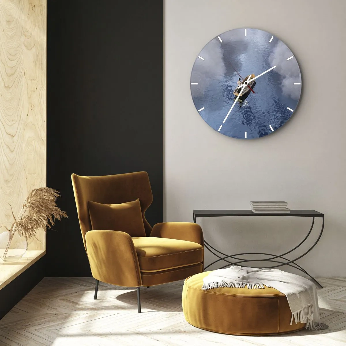 Relógio de parede - Relógio em vidro - Uma figura em um barco flutuando em águas calmas entre as nuvens - 30x30cm - Vida – jornada – desconhecido - Decoração de parede moderna para a sala de estar, cozinha e quarto ARTTOR