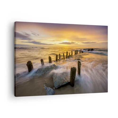 Quadro em tela - Pôr do sol sobre o mar com os restos de um antigo cais - 70x50cm - A beleza crua do Mar Báltico - Decoração de parede moderna para a sala de estar e quarto ARTTOR