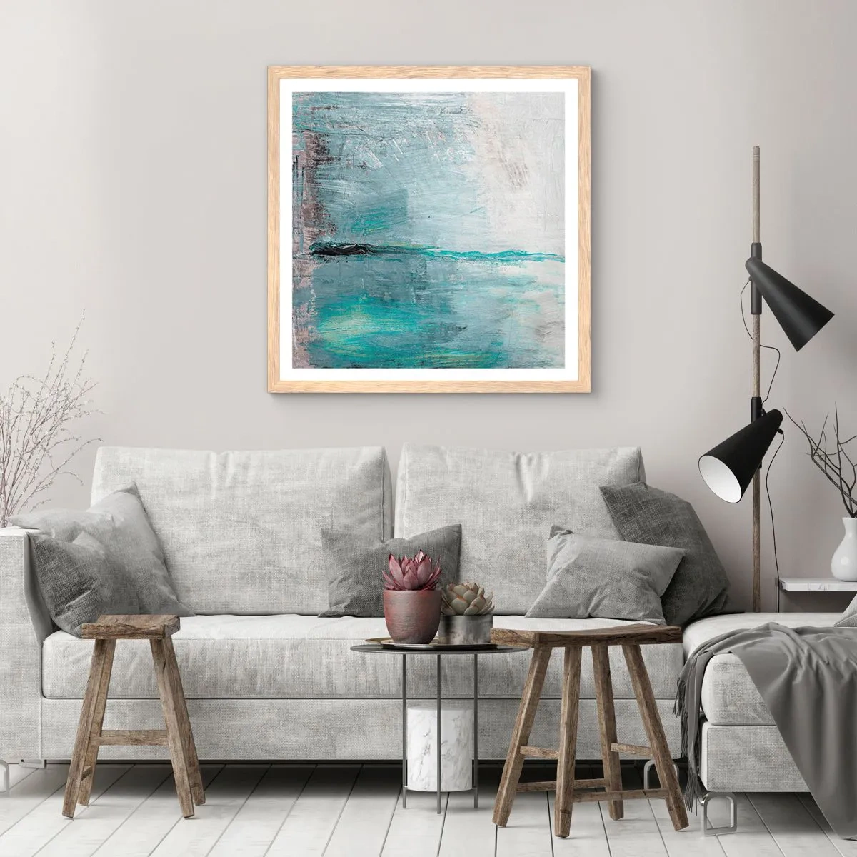 Pôster com moldura de carvalho claro - Horizontalmente em azul - 40x40 cm