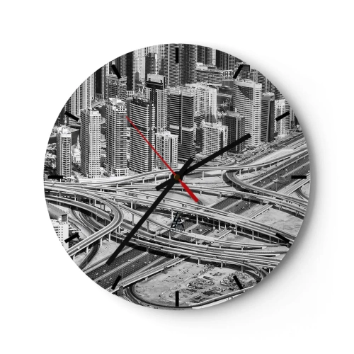 Relógio de parede - Relógio em vidro - Uma foto em preto e branco de uma cidade com uma densa rede de rodovias. - 30x30cm - Dubai – uma cidade impossível - Decoração de parede moderna para a sala de estar, cozinha e quarto ARTTOR