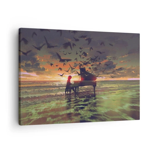 Quadro em tela - Um piano na praia ao pôr do sol com pássaros - 70x50cm - Um concerto de piano e ondas - Decoração de parede moderna para a sala de estar e quarto ARTTOR