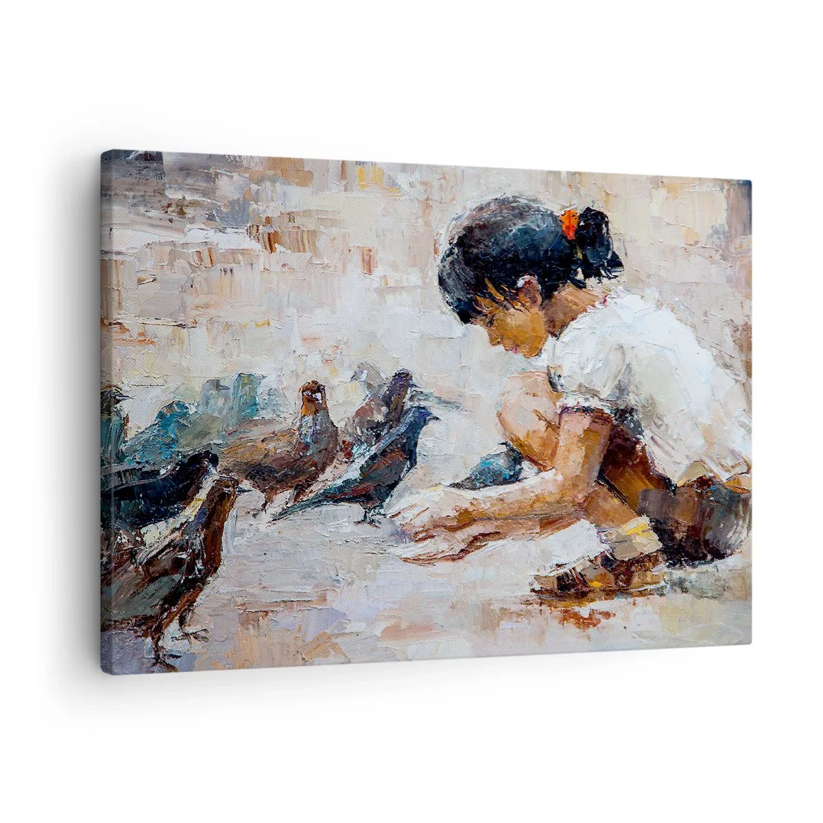 Quadro em tela - Uma menina alimentando pássaros em um estilo pictórico - 70x50cm - Pequenos e queridos - Decoração de parede moderna para a sala de estar e quarto ARTTOR